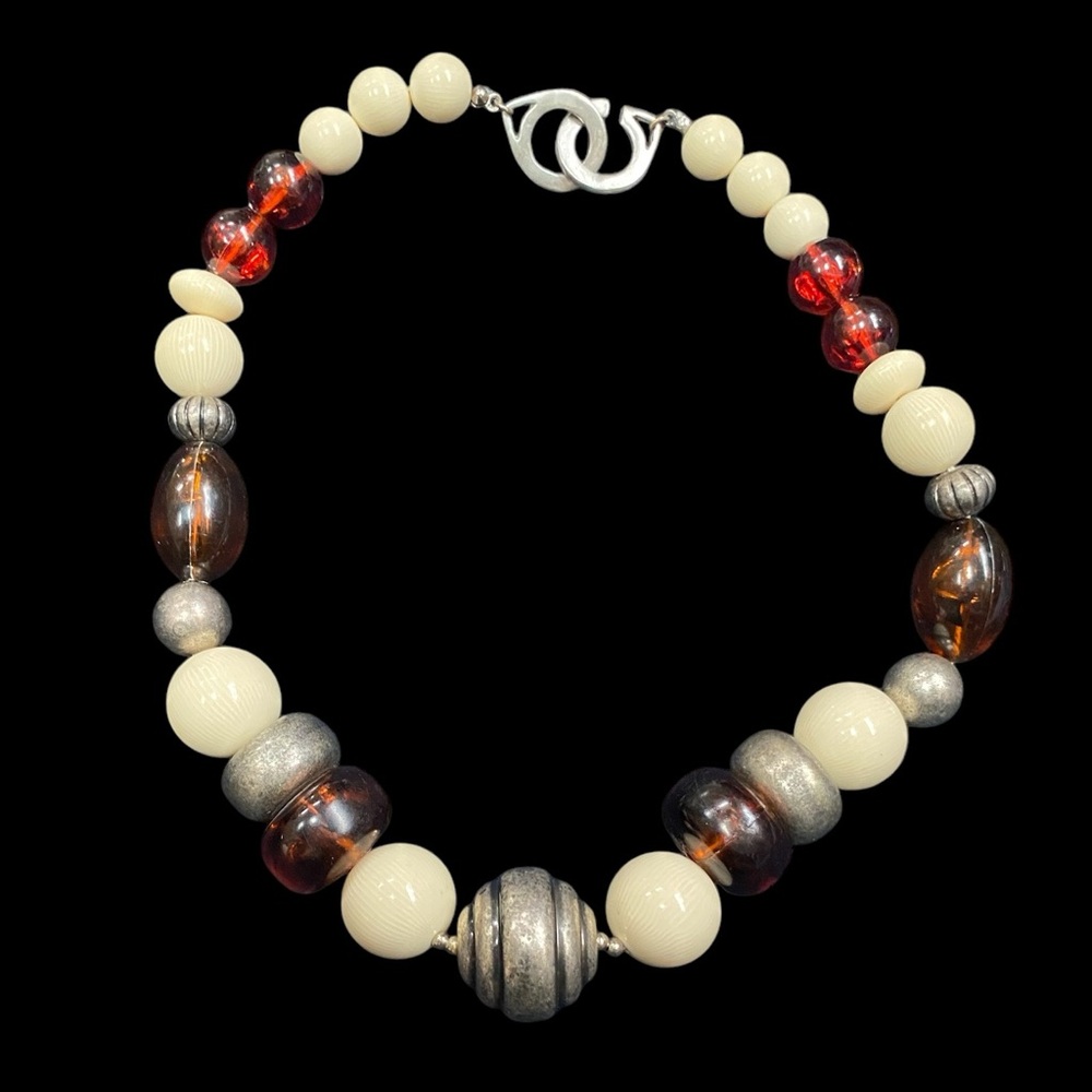Vintage Signed Les Bernard Ivory Silver Amber Root Beer Beaded Necklace Beads